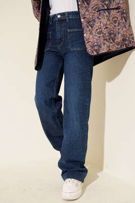 Pazarium - Üst Cepli Palazzo Kot Pantolon Mavi