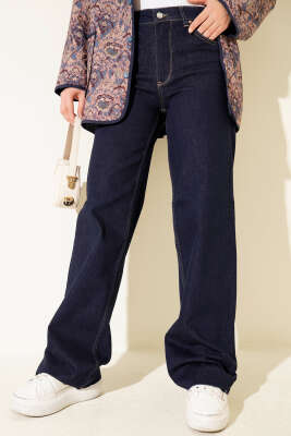 Pazarium - Palazzo Kesik Paça Detaylı Kot Pantolon Lacivert