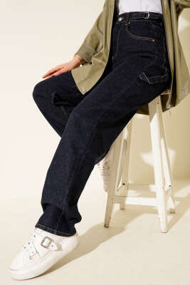 Pazarium - Yan Kemer Tokalı Mom Kot Pantolon Lacivert