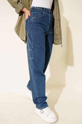 Pazarium - Yan Kemer Tokalı Mom Kot Pantolon Mavi