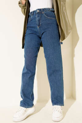 Yan Kemer Tokalı Mom Kot Pantolon Mavi - Thumbnail