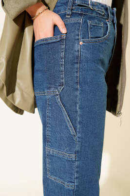 Yan Kemer Tokalı Mom Kot Pantolon Mavi - Thumbnail