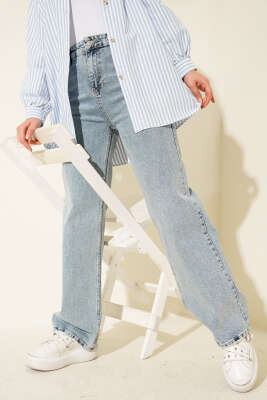 Pazarium - Çift Cepli Palazzo Kot Pantolon Açık Kar