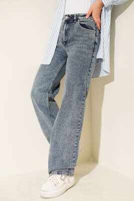 Pazarium - Çift Cepli Palazzo Kot Pantolon Kar Koyu