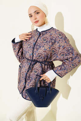 Pazarium - Etnik Desenli Kapitone Ceket Lacivert