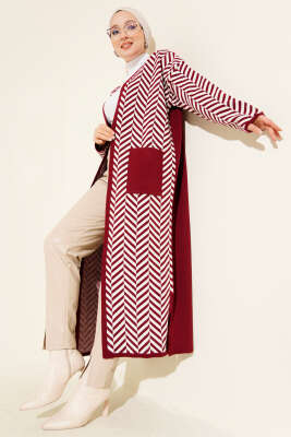 Pazarium - Zikzak Çizgili Desenli Uzun Triko Hırka Bordo