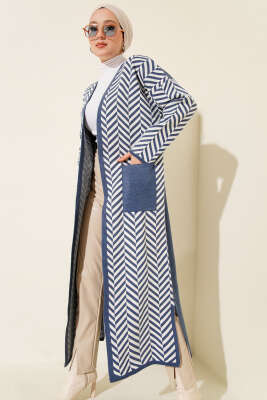 Pazarium - Zikzak Çizgili Desenli Uzun Triko Hırka İndigo