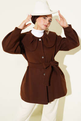 Pazarium - Bebe Yaka Detaylı Kaşe Kaban Kahve