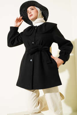 Pazarium - Bebe Yaka Detaylı Kaşe Kaban Siyah