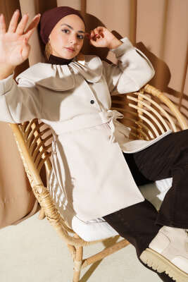 Pazarium - Bebe Yaka Detaylı Kaşe Kaban Taş