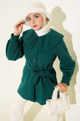 Pazarium - Bebe Yaka Detaylı Kaşe Kaban Zümrüt