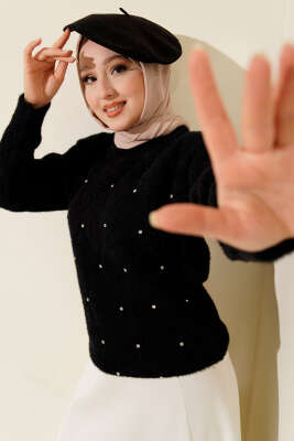 Pazarium - Serpme Taşlı Çizgili Sakallı Kazak Siyah