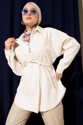 Pazarium - Gömlek Yaka İp Kuşaklı Deri Ceket Ekru