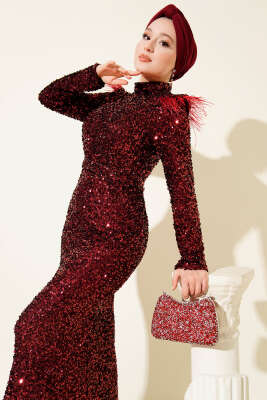 Omuzları Tüylü Pul Payet Abiye Elbise Bordo - Thumbnail