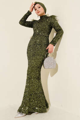 Omuzları Tüylü Pul Payet Abiye Elbise Haki - Thumbnail