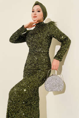 Omuzları Tüylü Pul Payet Abiye Elbise Haki - Thumbnail