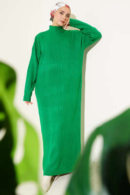 Pazarium - Dik Yaka Fitilli Triko Elbise Yeşil