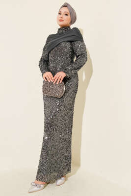 Pazarium - Parça Detaylı Pul Payet Abiye Antrasit