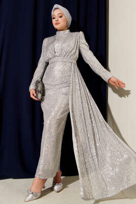 Pazarium - Fermuarlı Pullu Kuşaklı Abiye Elbise Gümüş