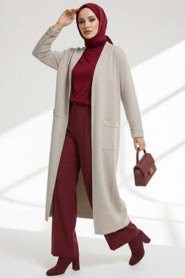 Pazarium - Basic Çift Cepli Uzun Triko Hırka Bej