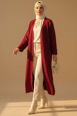 Pazarium - Basic Çift Cepli Uzun Triko Hırka Bordo