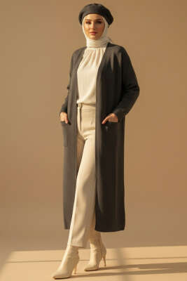 Pazarium - Basic Çift Cepli Uzun Triko Hırka Füme