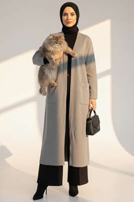 Pazarium - Basic Çift Cepli Uzun Triko Hırka Gri