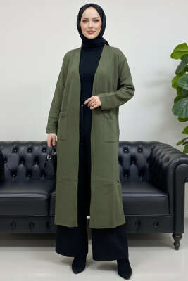 Pazarium - Basic Çift Cepli Uzun Triko Hırka Haki