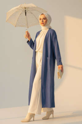 Pazarium - Basic Çift Cepli Uzun Triko Hırka İndigo