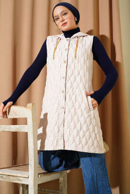 Pazarium - Kapuşonlu Kapitone Kısa Yelek Bej