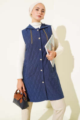 Pazarium - Kapuşonlu Kapitone Kısa Yelek Lacivert