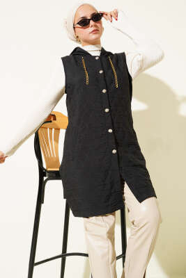 Pazarium - Kapuşonlu Kapitone Kısa Yelek Siyah