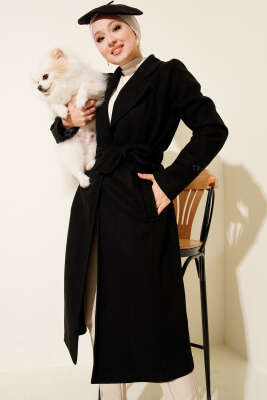 Pazarium - Kruvaze Yaka Kaşe Kaban Siyah