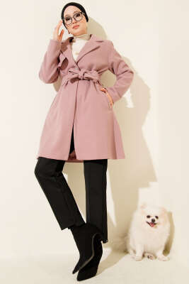 Pazarium - Tek Omuz Apoletli Düğme Detaylı Kaşe Kaban Pudra
