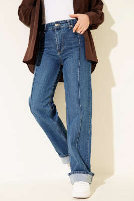 Pazarium - Ön Dikişli Palazzo Kot Pantolon Mavi