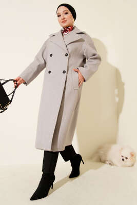 Pazarium - Şal Yaka Uzun Kaşe Kaban Gri