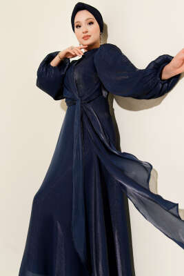 Pazarium - Şifon Yandan Bağlamalı Abiye Elbise Lacivert