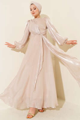 Pazarium - Şifon Yandan Bağlamalı Abiye Elbise Taş