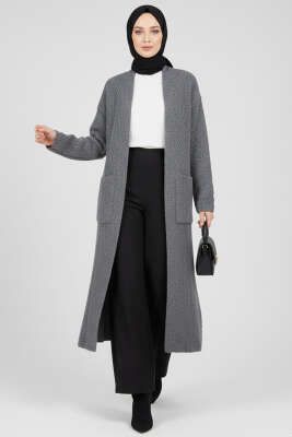 Pazarium - Geniş Cepli Uzun Triko Hırka Füme