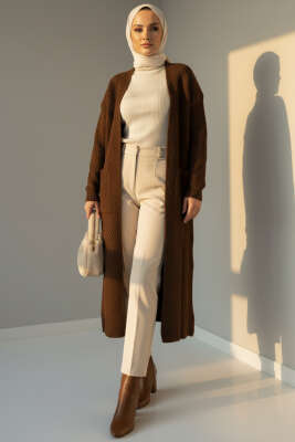 Pazarium - Geniş Cepli Uzun Triko Hırka Kahve