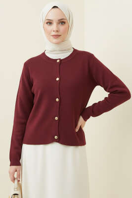 Pazarium - Gold Düğme Detaylı Kısa Triko Hırka Bordo