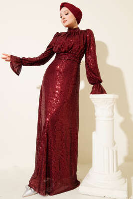 Pazarium - Kuşaklı Pul Payet Detaylı Abiye Elbise Bordo