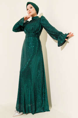 Pazarium - Kuşaklı Pul Payet Detaylı Abiye Elbise Zümrüt Yeşili