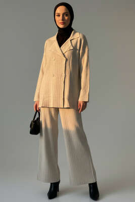 Pazarium - Dört Düğme Detaylı Triko İkili Takım Bej