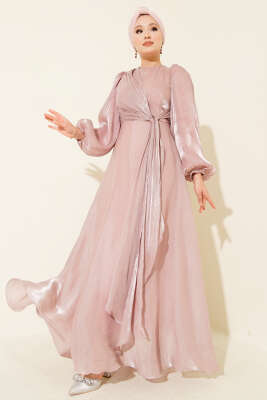 Pazarium - Şifon Yandan Bağlamalı Abiye Elbise Gül Kurusu