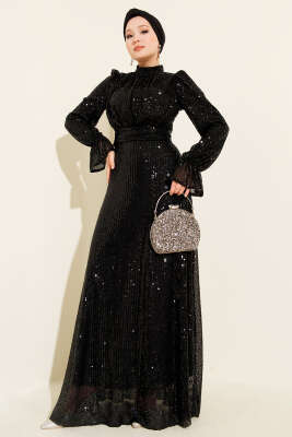Pazarium - Kuşaklı Pul Payet Detaylı Abiye Elbise Siyah