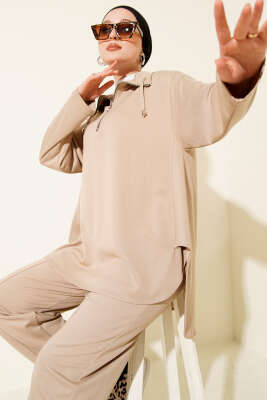 Pazarium - Loyşa Yarım Fermuar Detaylı İkili Takım Bej