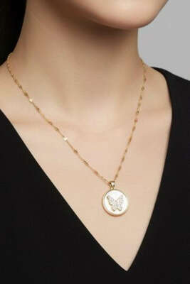 Kelebek Desenli Zincir Kolye Gold - Thumbnail