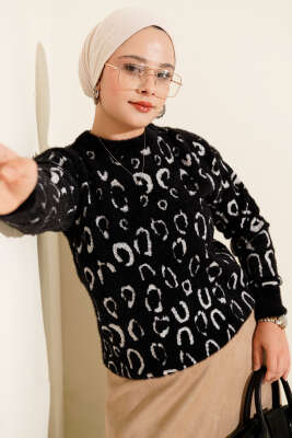 Pazarium - Leopar Desenli Sakallı Kazak Siyah Beyaz