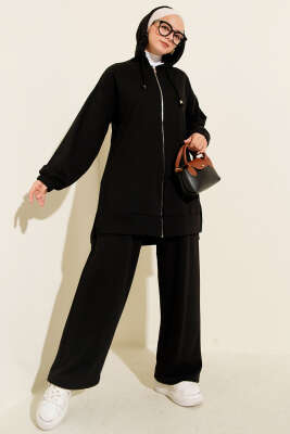 Kapşonlu Fermuar Detaylı İkili Takım Siyah - Thumbnail